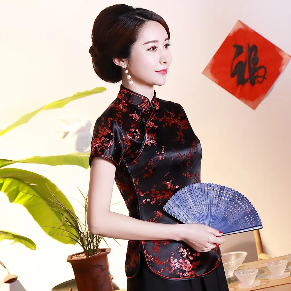 Women Chinese Shirt Satin Blouse Vintage Flower Traditional Sexy Summer Novelty Dragon Clothing Tops 3XL 4XL