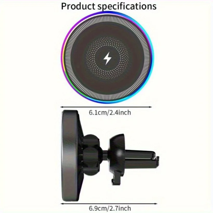 Magnetic Wireless Car Charger with RGB Lighting and Air Vent Mount