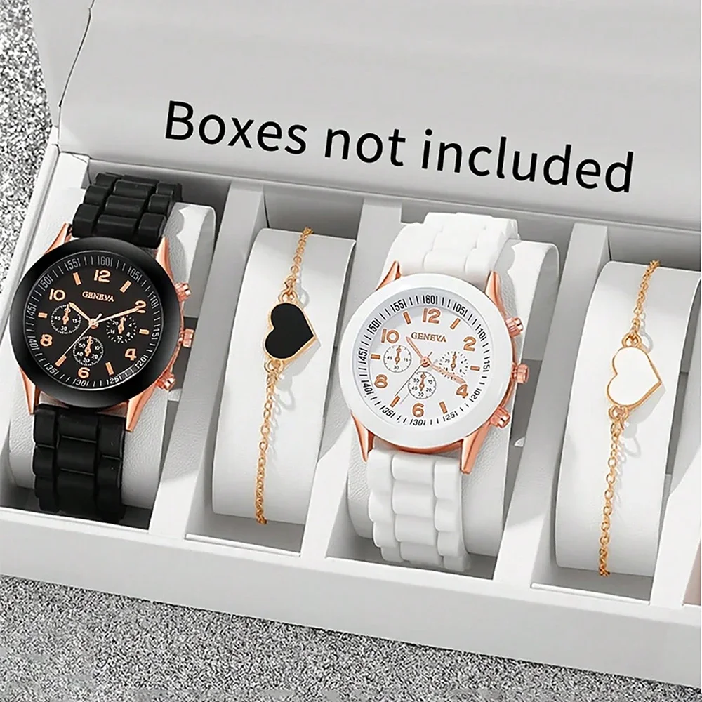 4-piece/set Geneva Watch Fashion Silicone Strap Men and Women Couple Quartz Watch Heart shaped Jewelry Set (no box)