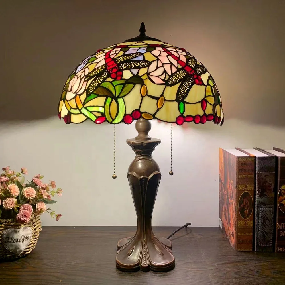 

LongHuiJing 16Inch Tiffany Style Stained Glass Lampshade Table Lamp Handcrafted Reading Desk Lamps Accent Light