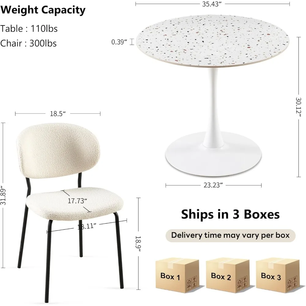 3 Pieces Tulip Dining Set, 35 Inch Sintered Stone Marble Round Dining Table and Chairs Set for 2, White Boucle Open Back 4