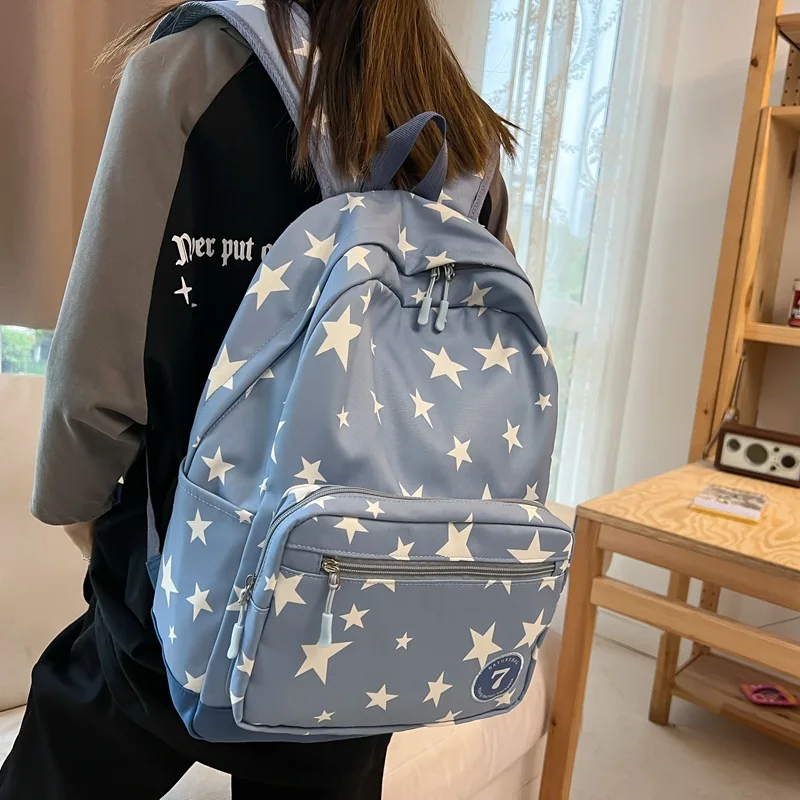 

2023 Full Star Print Nylon Backpack Fashion Young Boys And Girls School Bags Teenage Girls High-capacity Shoulder Bag Bookbag