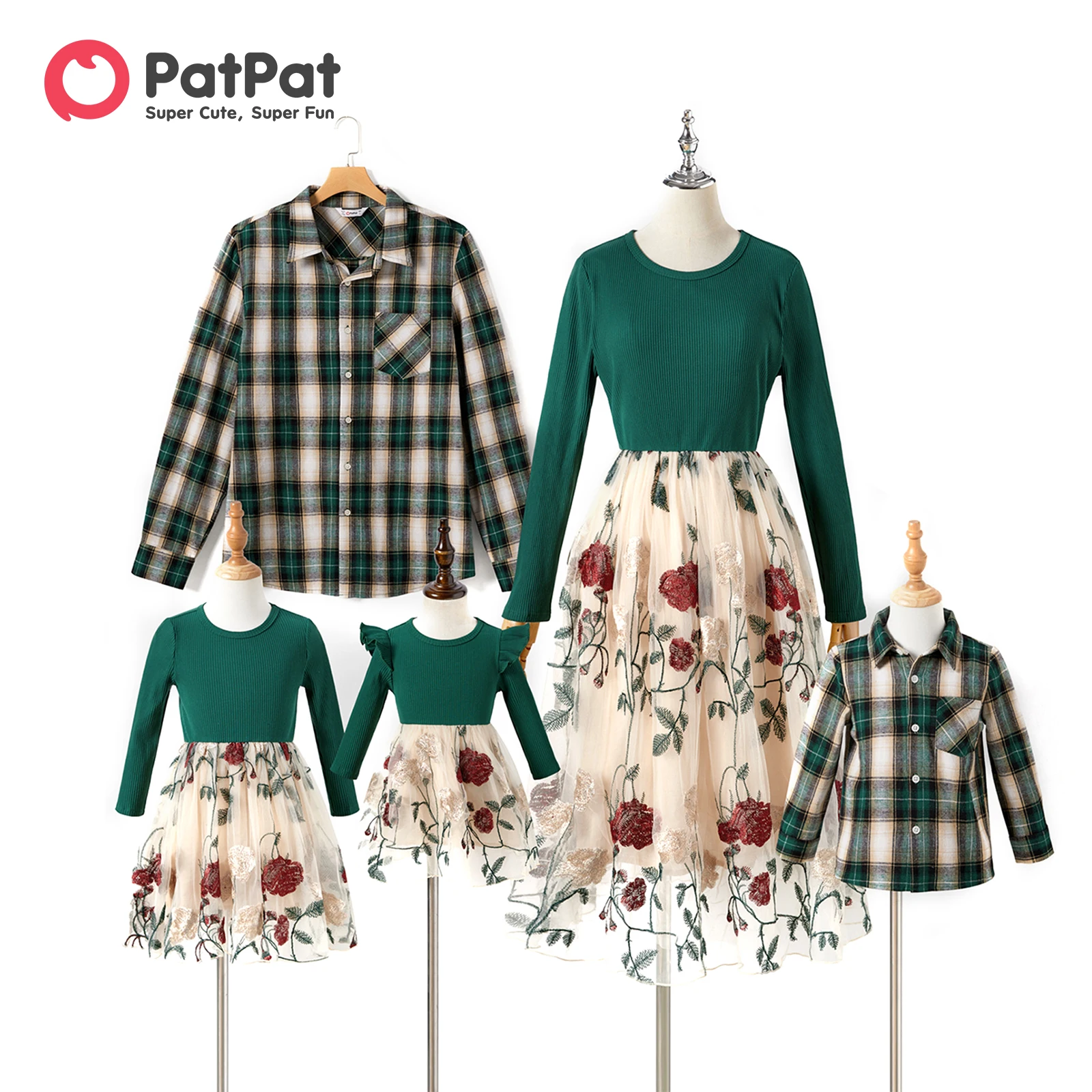 

PatPat Valentine's Day Family Matching Outfits Embroidered Mesh Women Dresses and Plaid Long-sleeve Shirt Family Looks Sets