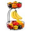 2-Tier Fruit Basket, Metal Fruit Bowl, Bread Baskets, Fruit Holder, Large Fruit Stand Organizer With Banana Hanger, Black 1