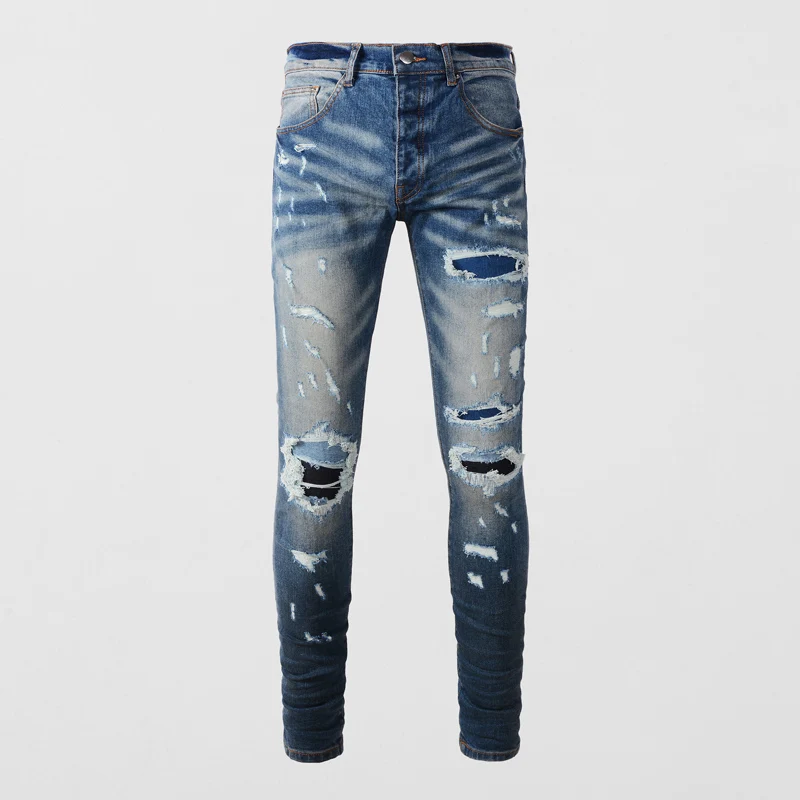 

High Street Fashion Men Jeans Retro Washed Blue Elastic Skinny Fit Ripped Jeans Men Patched Designer Hip Hop Brand Pants Hombre