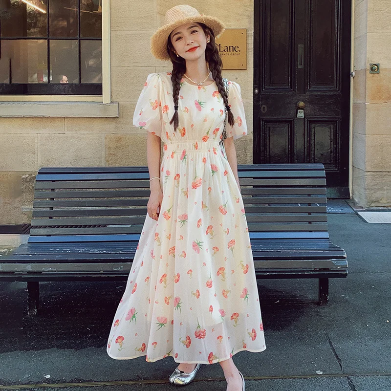 

Small Fresh Floral Dress French Style Temperament Ladies High-end Slimming Round Collar Long Skirt Girls Sweet Princess Dresses