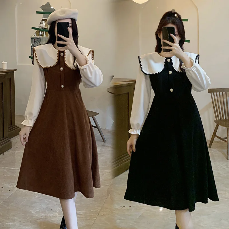 

Dresses Women Retro Streetwear Tender Temperament Soft Slim Vestido Feminino Simple Peter Pan Collar Spring Fashionable Ins Chic