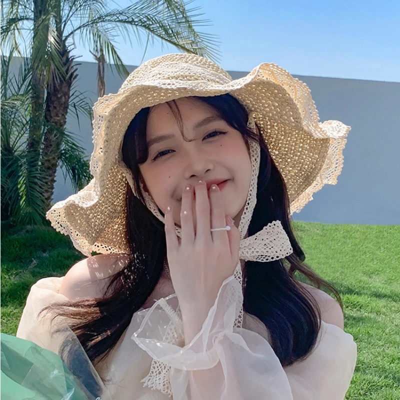 Frauen Sommer Stroh Hut Faltbare Sonnenhut Breite Große Krempe Strand Hüte Mode Stroh Hut Chapeau Femme Strand UV Schutz kappe_voghion.com