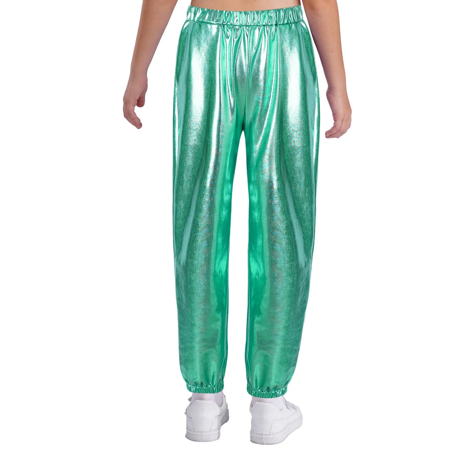 Hip-Hop-Jazz-Tanzkostüm für Kinder und Mädchen, langärmliger, metallisch glänzender, verkürzter Kapuzenpullover mit Spaghettiträgern, Camisole und glänzenden Hosen – Detail 31