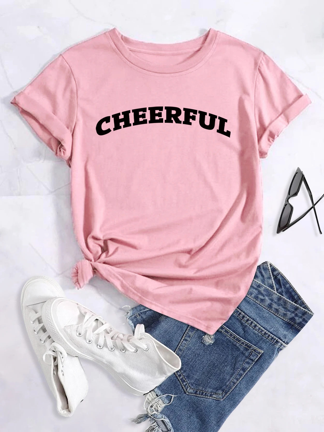 Camiseta de talla grande 'Cheerful', camiseta estampada con cuello redondo, camisetas casuales holgadas de manga corta de verano de moda para mujer, camisetas para mujer_voghion.com