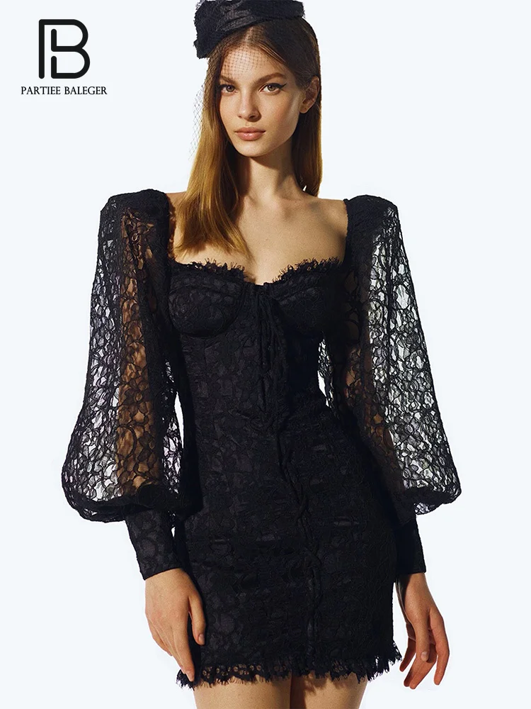 

PB Dresses For Women 2023 Black Long Sleeve Embroidery Lace Sexy Bodycon Evening Club Party Summer Mini Vestidos Drop Shipping