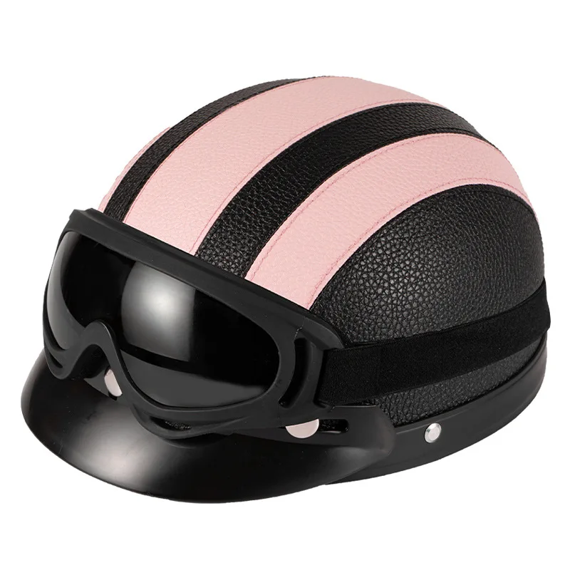 Electric Car for Harley PU Leather Retro Helmet with Goggles Scarf Men and Women Riding Sunshade Safety Protection Half Helmet