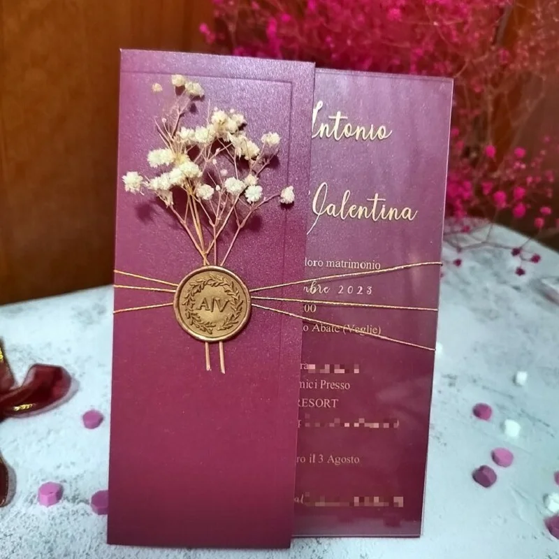 Burgundy Wedding Invitation Cards with Jackets and Gold Foil Stamping Acrylic Card with Adhesive Wax Seal Flower Cards