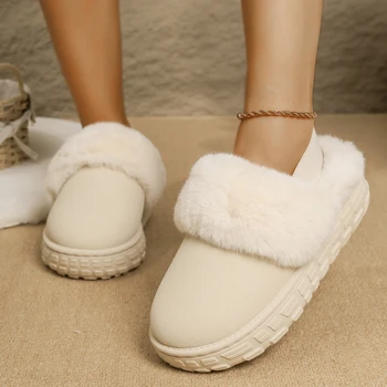 موضة جديدة مستديرة الرأس من جلد الغزال سميكة وحيد مثير عادية القطن سحب الشتاء خفيفة الوزن عدم الانزلاق مريحة نعال مسطحة للنساء 2