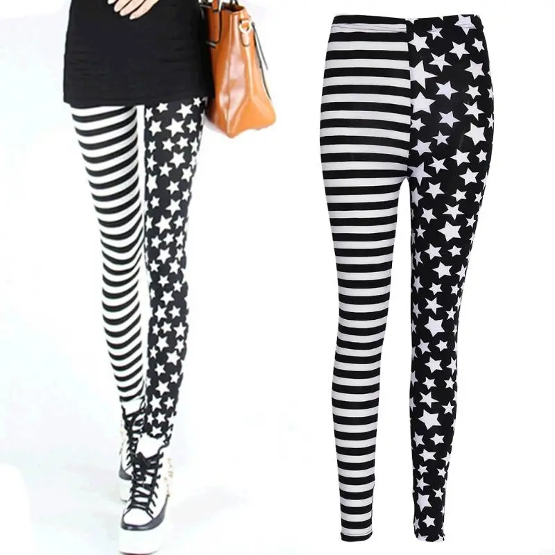 11UE Women Stripe+Stars Tights Leggings Elastic Waist Stretch Pencil Pants Jeggings