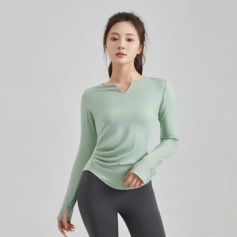 

Fashionable new V-neck sports long sleeved slim fit yoga suit top, running training breathable fitness suit