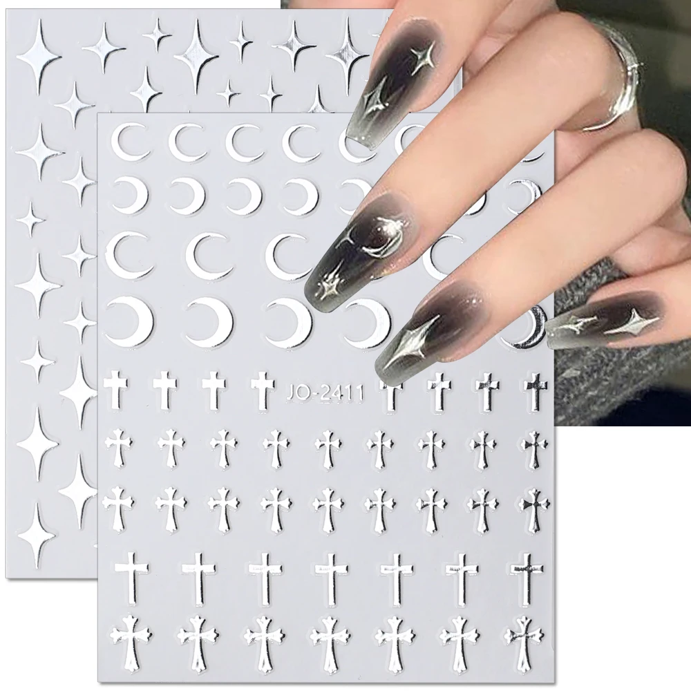 

3D Star Moon Nail Art Stickers Silver Nail Stickers Cross Heart Nail Decals DIY Nail Supplies Nail Accessories for Women Girls