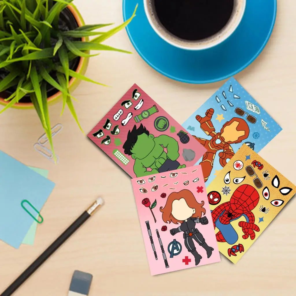 Children DIY Puzzle Stickers Spiderman/Iron Man Face Funny Anime Assemble 32Sheets Kids Toys Boys Girls Gifts