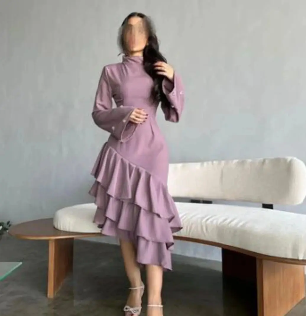 

Purple Prom Dress Satin Halter Knee Length A-line Evening Dresses Gala Long Sleeve Ruffle Pleated Saudi Arabia Party Gown 2024