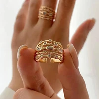Nwe 18 K Gold Plated Sun Rings for Women Natural Stone Inlaid in Hollow Metal Texture Ring Trendy Jewelry