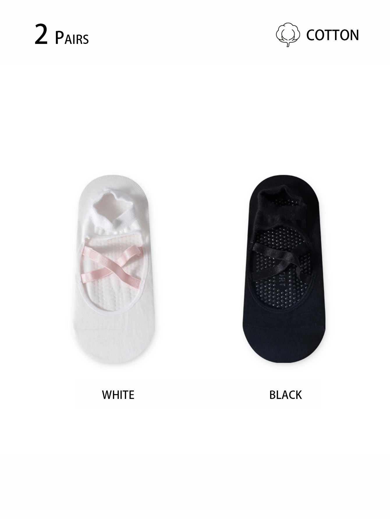 Women's Non-Slip Pilates and Yoga Socks - 2 Pairs, White/Black, Elastic with Anti-Slip Texture