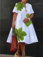Modigirl Women's Summer New Dress 2025 V-Neck Pleated Short Sleeves White Loose Flower Print Casual Midi Dresses for Woman - Image 5