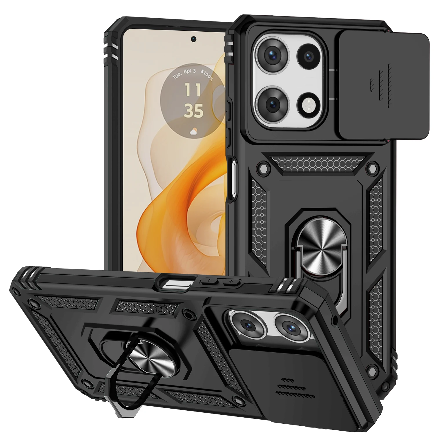 360° Rotating Ring Stand Phone Case with Sliding Camera Lens Protector & Screen Protector - Shockproof & Magnetic Design