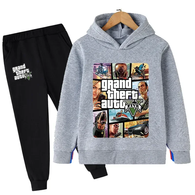 thumbnail image 1 of Conjunto de 2 piezas de sudaderas con capucha y pantalones largos de dibujos animados para niños, juego de Gta 5, ropa para niños de 4 a 14 años, chándal de otoño, 1 of 5