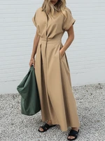 ZANZEA Elegant Chic Women Long Dresses Casual Short Sleeve Collared High Waisted Casual & Day Shirt Dress Solid Color S-3XL