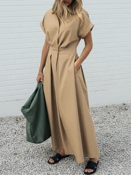 ZANZEA Elegant Chic Women Long Dresses Casual Short Sleeve Collared High Waisted Casual & Day Shirt Dress Solid Color S-3XL 1