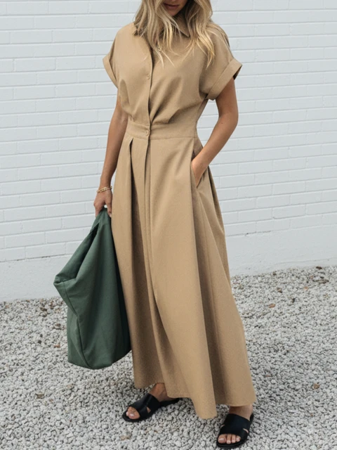 ZANZEA Elegant Chic Women Long Dresses Casual Short Sleeve Collared High Waisted Casual & Day Shirt Dress Solid Color S-3XL