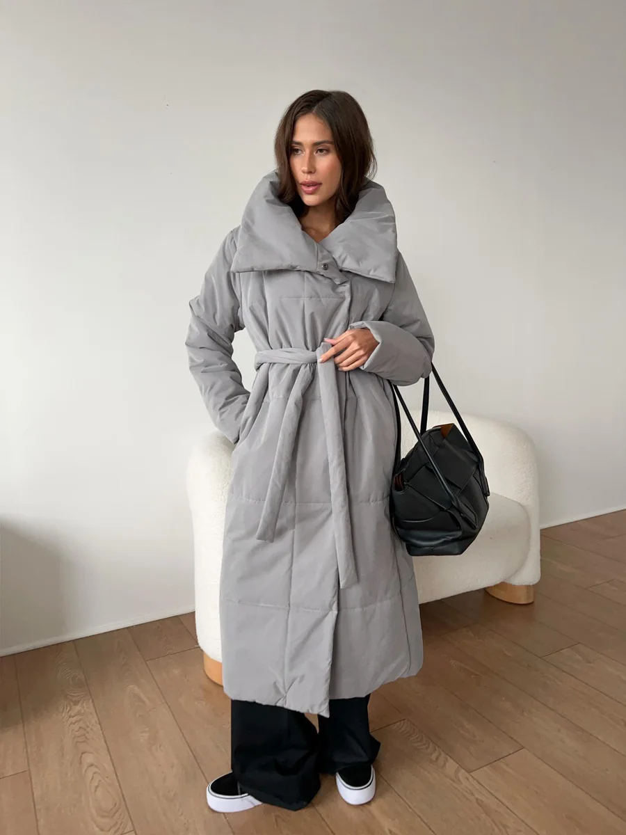 Winter Female Parkas Outwear Loose Lace-Up High Waist Long Sleeve Pocket Lapel Bandage Coat For Women Solid Parkas