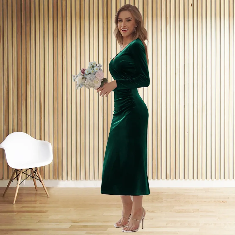 

2023 Women Elegant Solid Color Bodycon Dresses Autumn Fashion V-Neck Party Dress Lady Spring Casual Long Sleeve Dress Vestidos