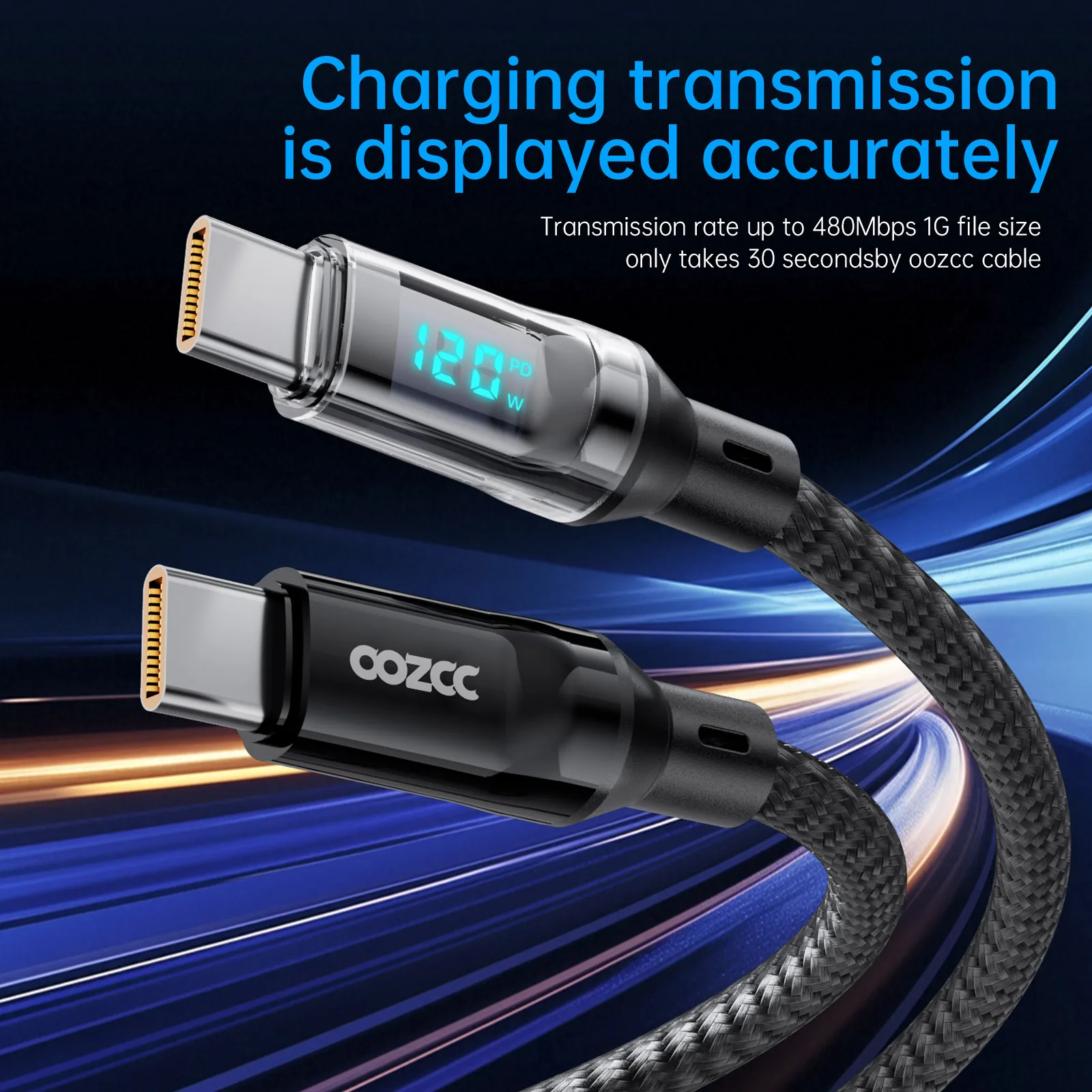 oozcc 120W MAX 6A 초고속 충전 LCD 다이내믹 디스플레이 케이블, USB-A to Type-C PD 케이블 나일론 데이터 동기화, 삼성 호환
