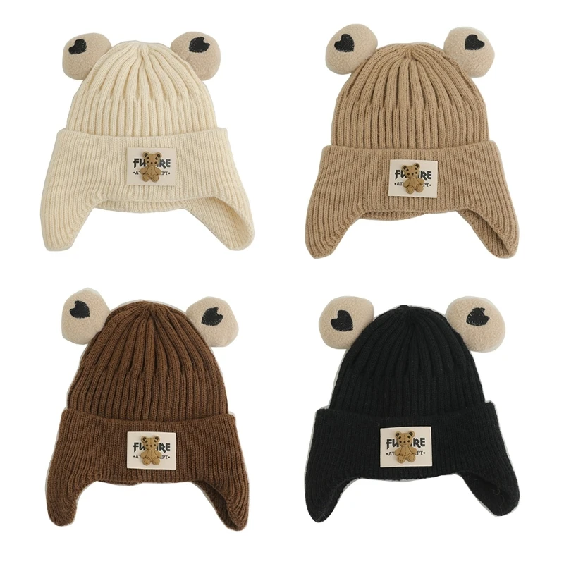 

Autumn Warm Baby Knit Hat Cartoon Bear Ear Protections Benaie Cap Soft Knitted Hat Gift for Toddlers Boys and Girls P31B