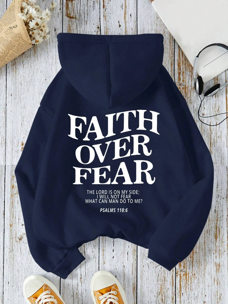 Felpe con cappuccio da donna Casual Faith Over Fear felpe con stampa di lettere in pile caldo e confortevole pullover tascabili autunno Streetwear 1