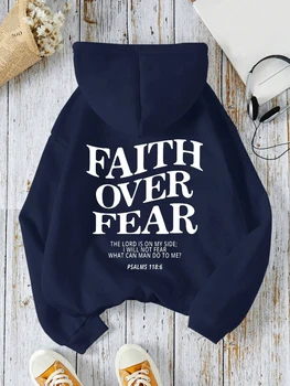 Felpe con cappuccio da donna Casual Faith Over Fear felpe con stampa di lettere in pile caldo e confortevole pullover tascabili autunno Streetwear 1
