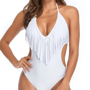 2022 뉴 딥 플 런지 V 넥 드리 워진 원피스 수영복 Trikini Women Halter Backless Tassel Swimwear 블랙 화이트 네온