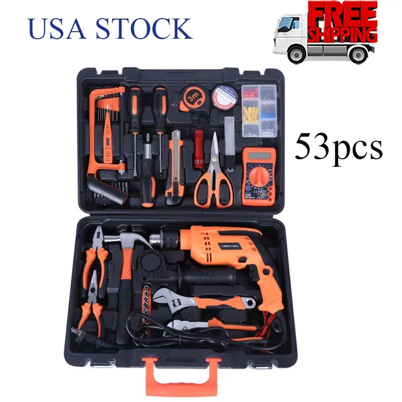 53 Pcs Household Tool Set with Powerful Impact Drill Precision Screwdriver Pliers Saw Knife Screws DIY Mechanic Repair Tools Kit