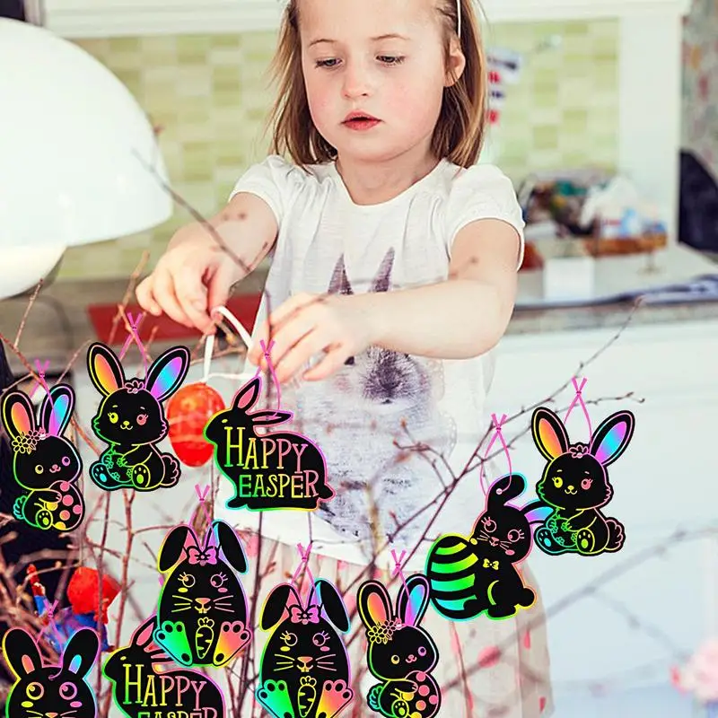 Easter Scratch Paper 24X Scratch off Cards Art Crafts Ornaments Cute Bunny Scratch Egg Basket Stuffers with Stick and Ribbon