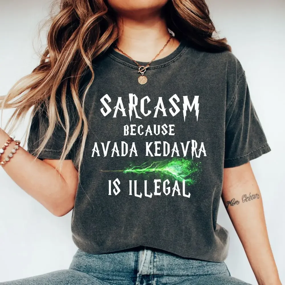 Retro Magic Wand Shirt Sarcasm Because Avada Kedavra Is Illegal Shirt Unisex School Tee Cotton Shirt Fantasy Apparel Y2K Top 2