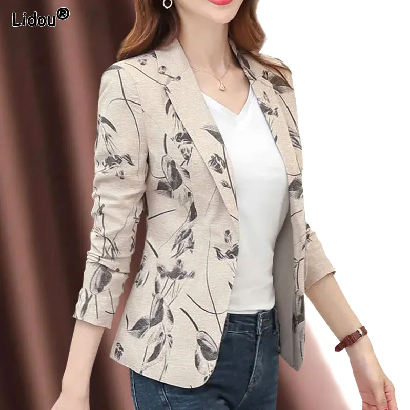 Autumn Winter Fashion Tops Dignified Notched Blazers Button Office Lady Casual Korean Women's Clothing Thin Printing Geometric