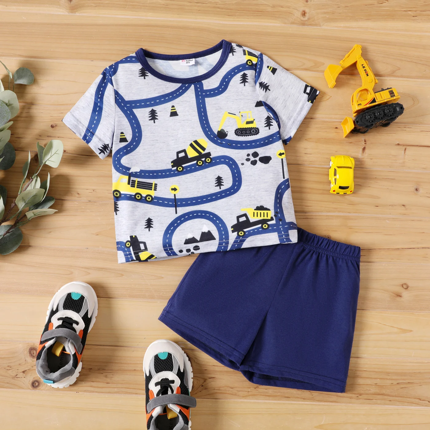 2-piece Children Boy T-shirt And Shorts Sets Toddler Boy Animal Dinosaur Letter Print Tee and Elasticized Grey Shorts Set PatPat kids clothes