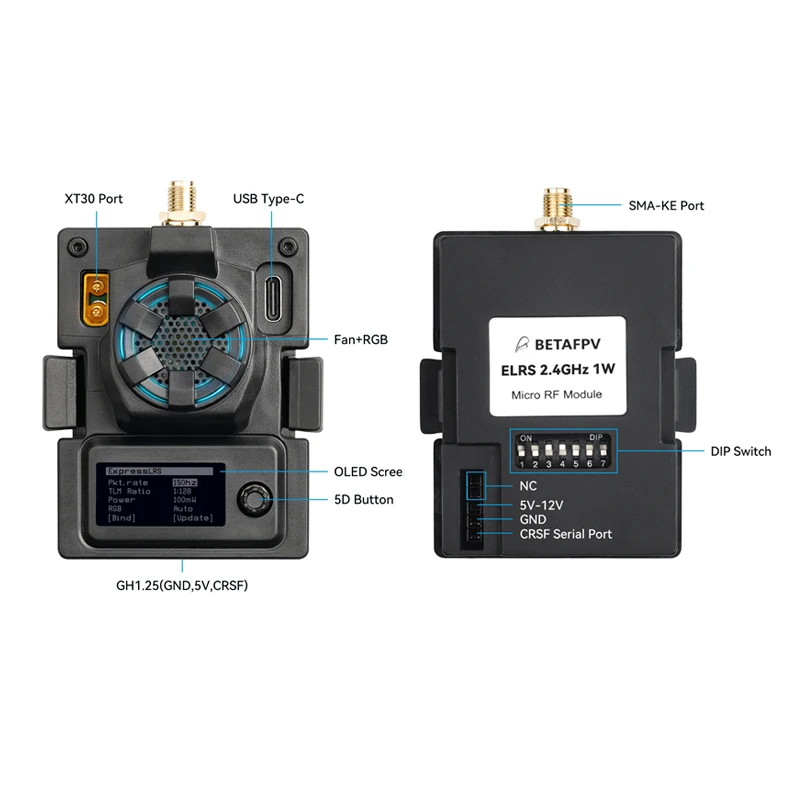 Module ExpressLRS Nano 2.4G v2 installé sur une radiocommande de drone, prêt à l'emploi.