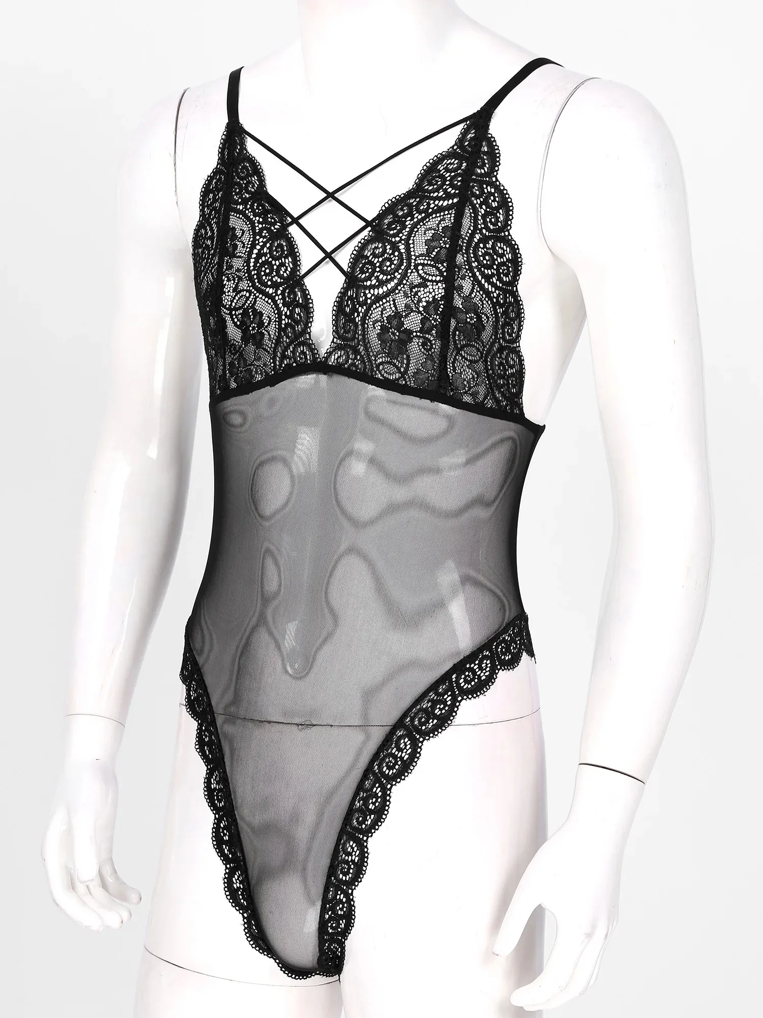 Men Sissy Bodysuits Sexy Crossdress Lingerie Spaghetti Straps High Cut Ruffle Floral Lace Teddy Bodysuit Nightwear Sleepwear