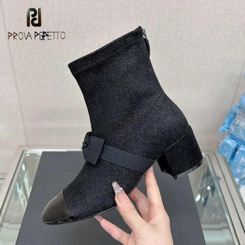 

Women Runway T-show Ankle Boots Patchwork Round Toe Bowtie Decor Chunky High Heel Comfortable Short Bota Girls Cute Fashion Shoe
