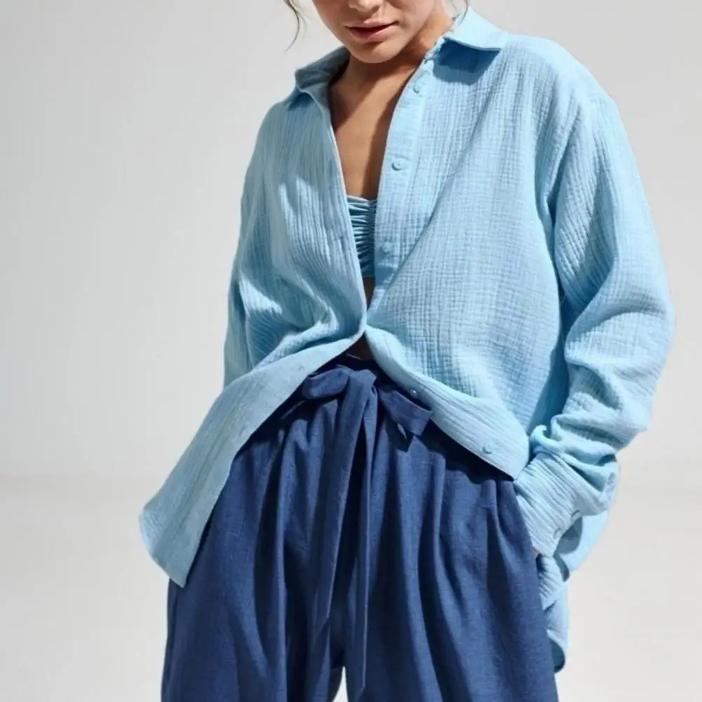 

2023 Women's Spring Summer Cotton Shirts Office Lady Fashionable Solid Lady Long Sleeve Loose Tops Crepe Shirts Cardigan Jacket
