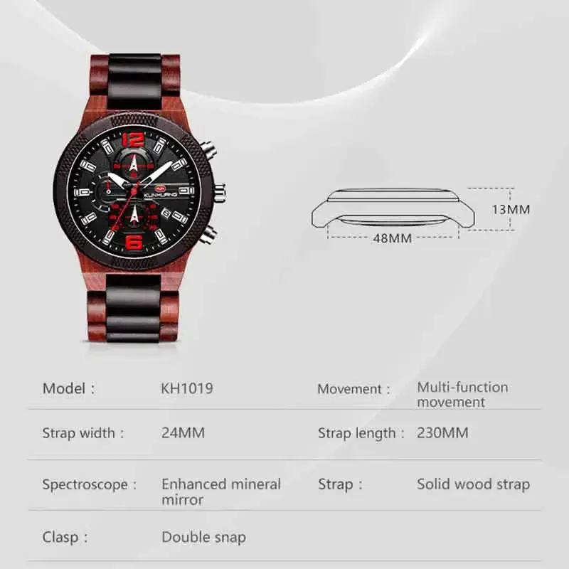 KUNHUANG Luxury Luminous Wooden Chronograph Men's Watch