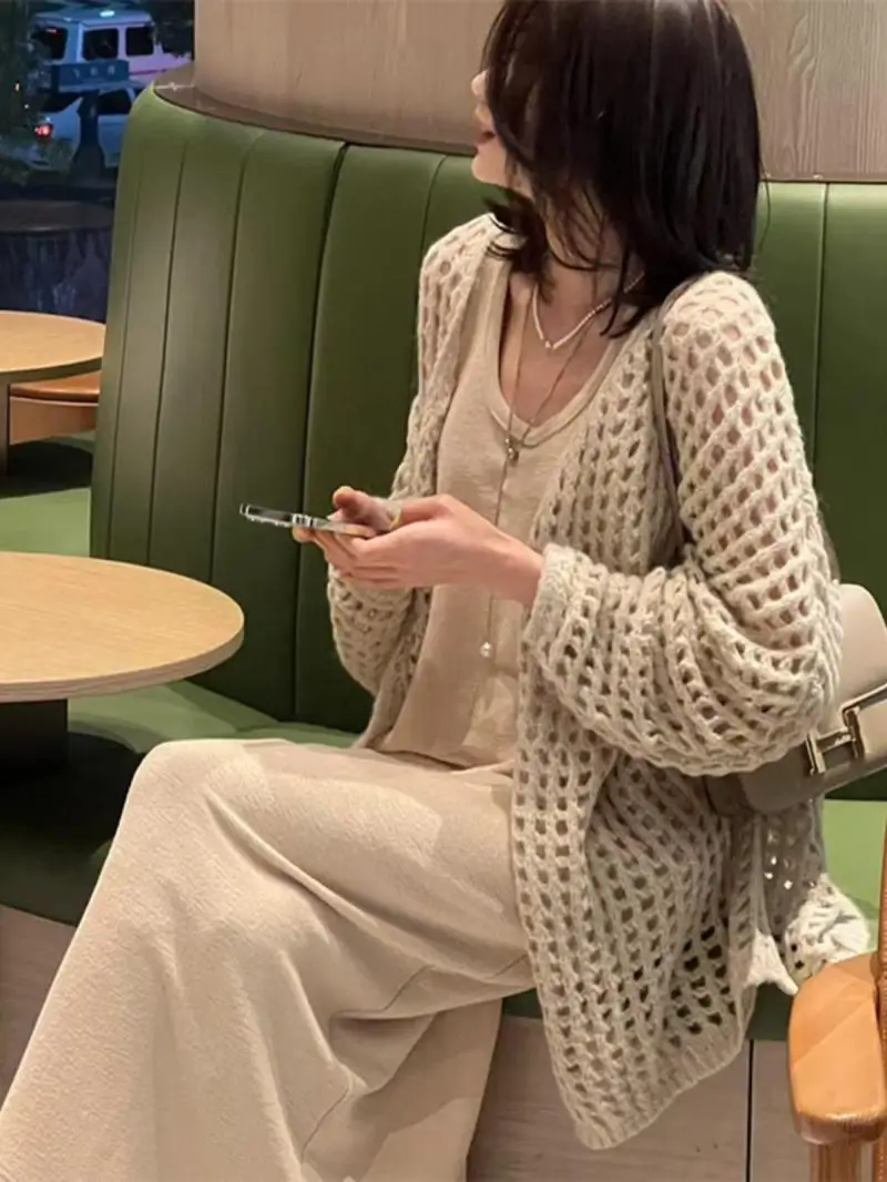 여성용 중간 길이 할로우 니트 가디건, 레이지 스타일 아우터, 스웨터 코트, 자외선 차단 상의, 2024 초 용수철 신상 