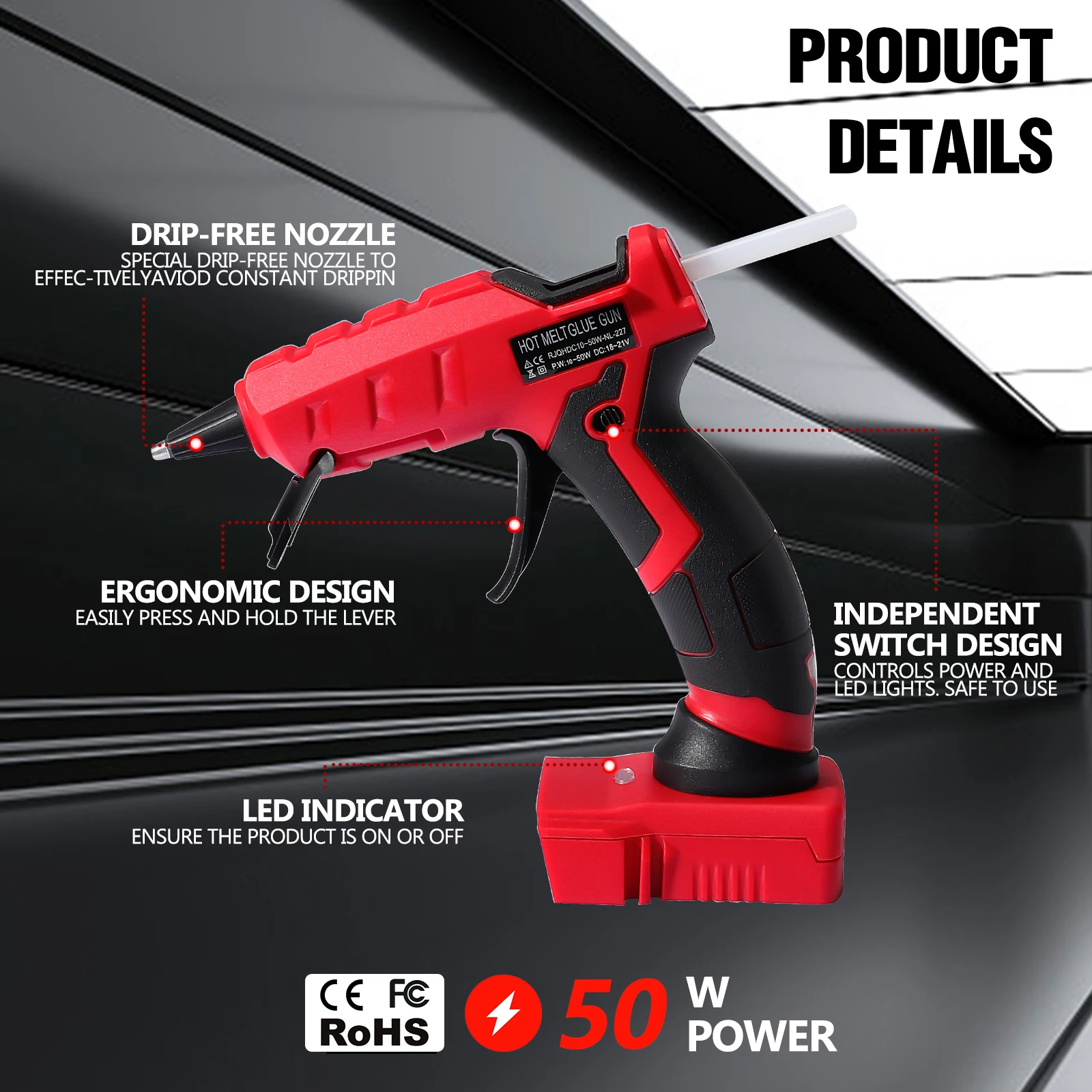 50W Cordless Hot Melt Glue Gun with 30Pcs 7mm Glue Sticks Repair DIY Tool Fit for Milwaukee/Dewalt/Makita 18V Li-ion Battery 3